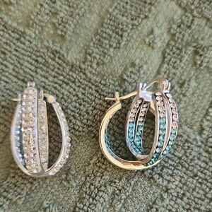 2 Pairs Elegant Silver and Blue Hoop Earrings With Swarovski Crystals